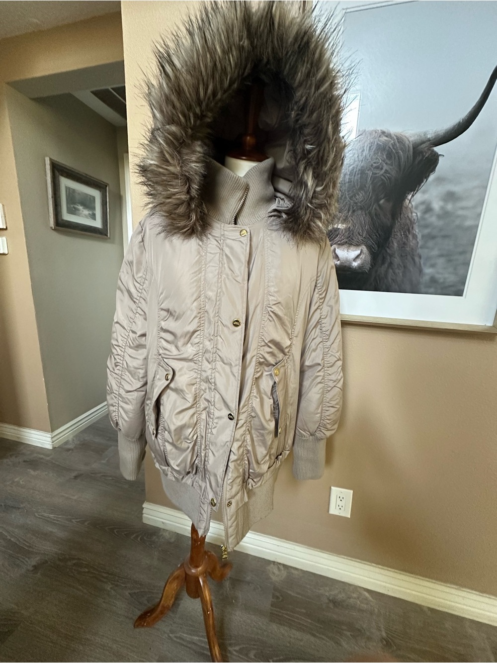 Steve Madden XL Women's Hooded Puffer Coat with Faux Fur Trim - Beige